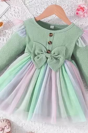 Mint green ribbed bow tulle party wear girls dress