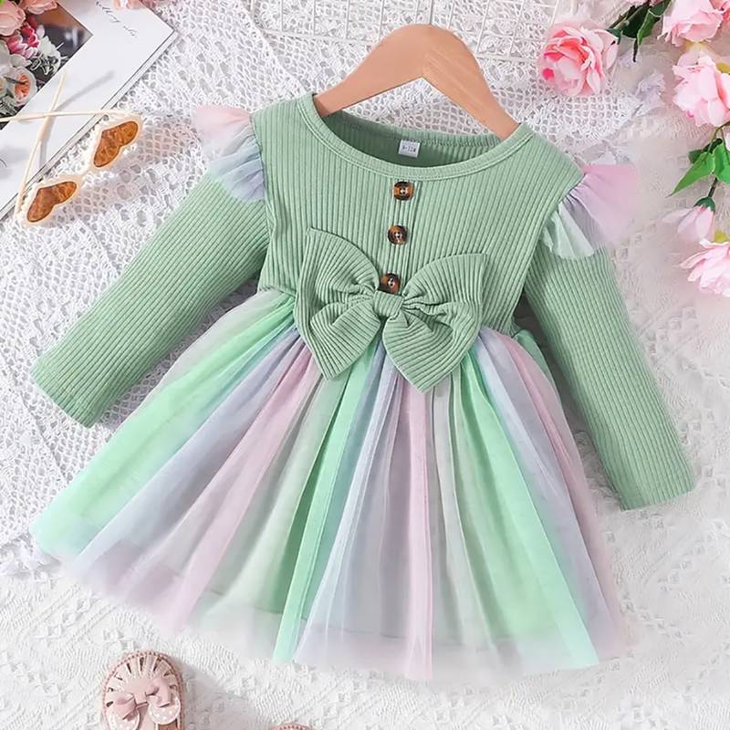 Mint green ribbed bow tulle party wear girls dress