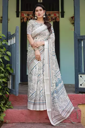 off white colour Ready to wear saree with unstitched blouse