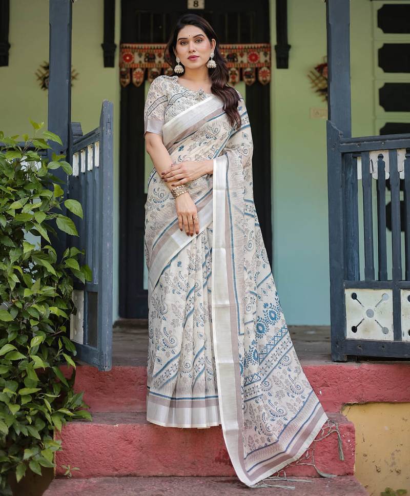 off white colour Ready to wear saree with unstitched blouse