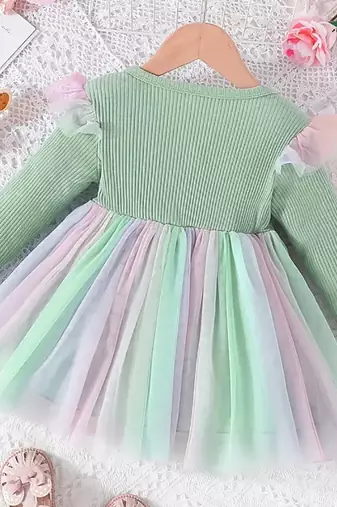 Mint green ribbed bow tulle party wear girls dress