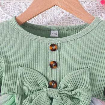 Mint green ribbed bow tulle party wear girls dress 3