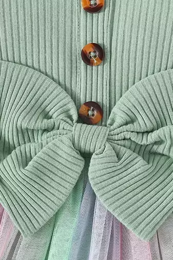 Mint green ribbed bow tulle party wear girls dress