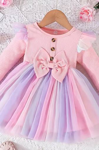 Pink ribbed bow tulle party wear girls dress