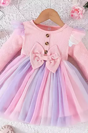Pink ribbed bow tulle party wear girls dress