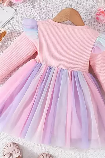Pink ribbed bow tulle party wear girls dress