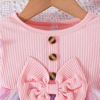 Pink ribbed bow tulle party wear girls dress 3