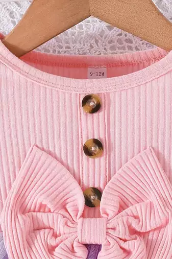 Pink ribbed bow tulle party wear girls dress