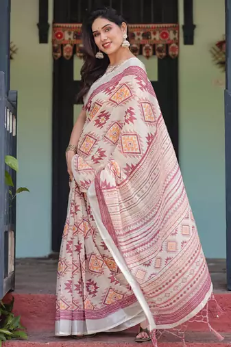 cream color Ready to wear saree with unstitched blouse