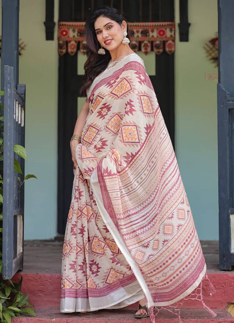 cream color Ready to wear saree with unstitched blouse