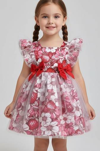  red and pink floral print net party wear girls dress with bow