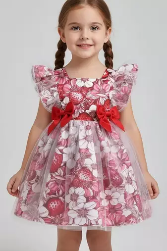  red and pink floral print net party wear girls dress with bow