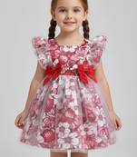  red and pink floral print net party wear girls dress with bow