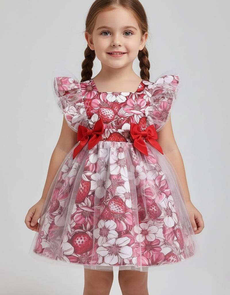  red and pink floral print net party wear girls dress with bow