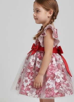  red and pink floral print net party wear girls dress with bow 2
