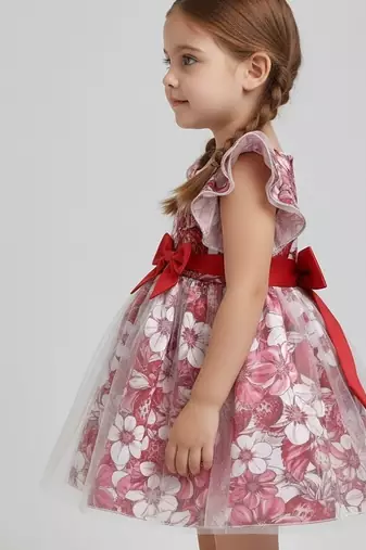  red and pink floral print net party wear girls dress with bow