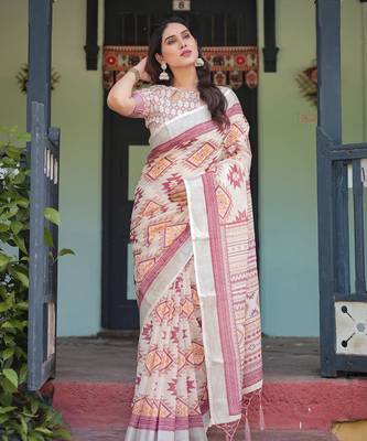 cream color Ready to wear saree with unstitched blouse 2