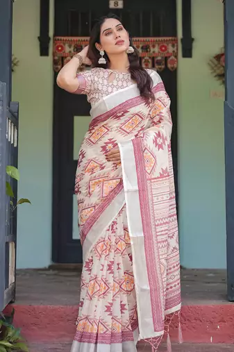 cream color Ready to wear saree with unstitched blouse