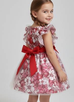  red and pink floral print net party wear girls dress with bow 3