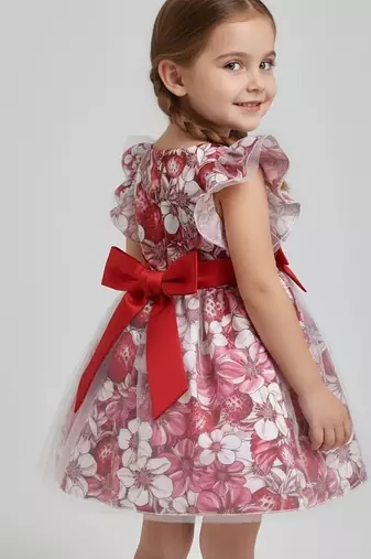  red and pink floral print net party wear girls dress with bow