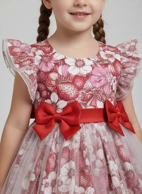  red and pink floral print net party wear girls dress with bow 4