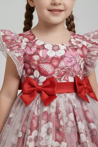  red and pink floral print net party wear girls dress with bow