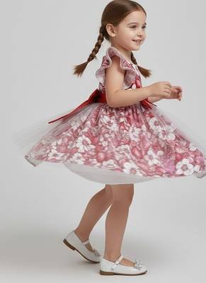  red and pink floral print net party wear girls dress with bow 5