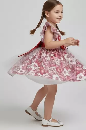  red and pink floral print net party wear girls dress with bow