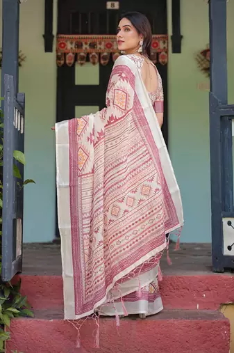 cream color Ready to wear saree with unstitched blouse