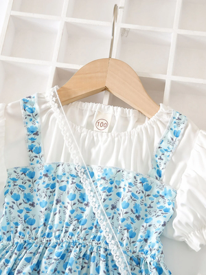 Blue floral print puff sleeve fit & flare girls dress with heart sling bag 3