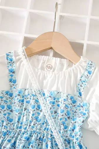 Blue floral print puff sleeve fit & flare girls dress with heart sling bag