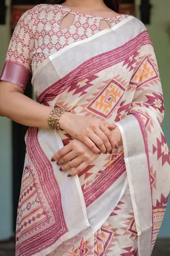 cream color Ready to wear saree with unstitched blouse