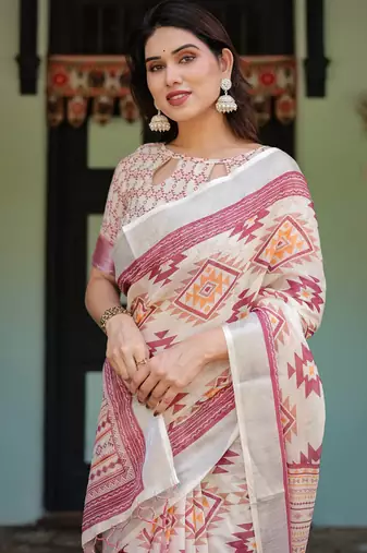 cream color Ready to wear saree with unstitched blouse