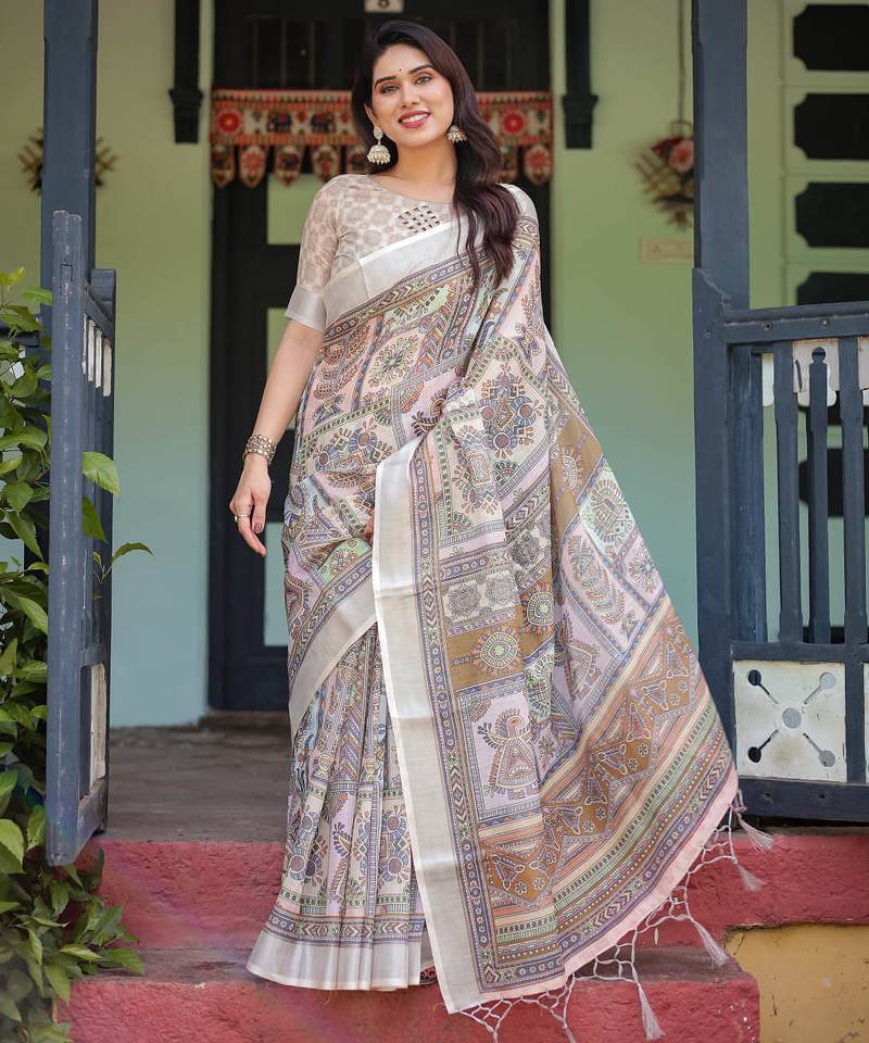 beige colour Ready to wear saree with unstitched blouse