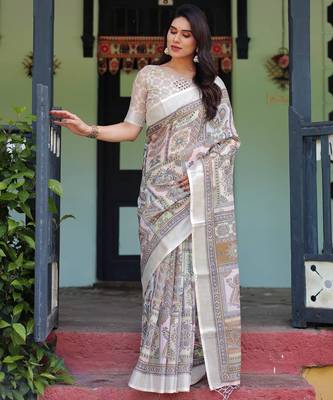 beige colour Ready to wear saree with unstitched blouse 2