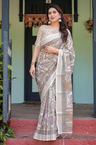 beige colour Ready to wear saree with unstitched blouse