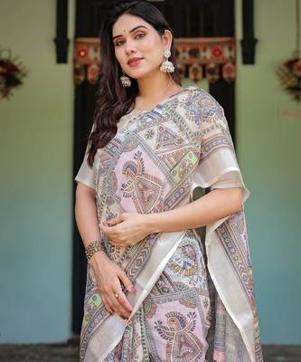 beige colour Ready to wear saree with unstitched blouse 5