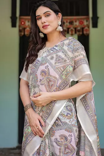 beige colour Ready to wear saree with unstitched blouse