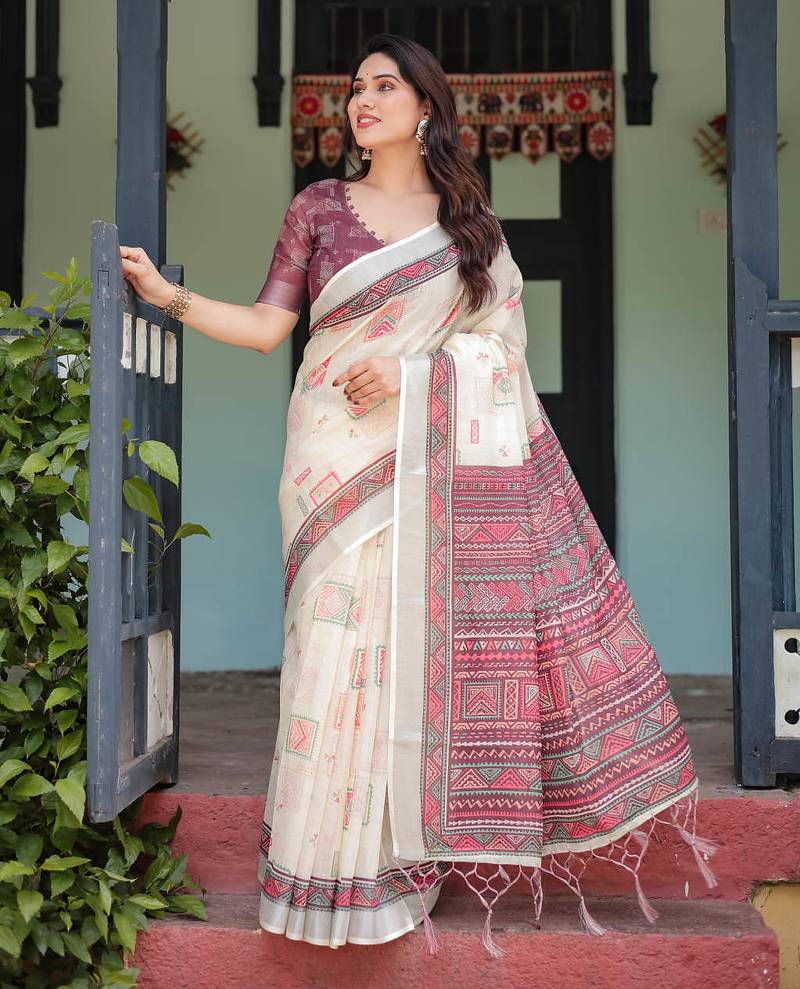cream color Ready to wear saree with unstitched blouse
