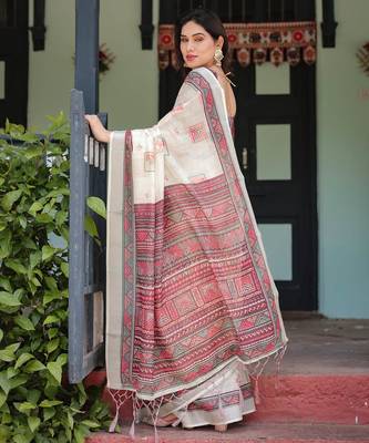 cream color Ready to wear saree with unstitched blouse 2