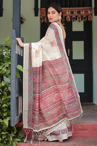 cream color Ready to wear saree with unstitched blouse