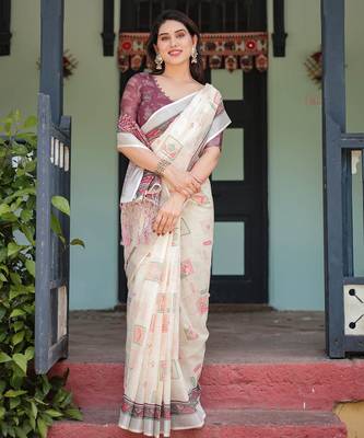 cream color Ready to wear saree with unstitched blouse 3