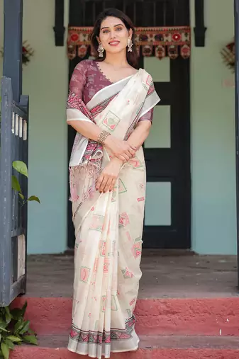 cream color Ready to wear saree with unstitched blouse