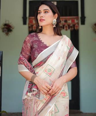 cream color Ready to wear saree with unstitched blouse 4