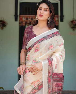 cream color Ready to wear saree with unstitched blouse 5