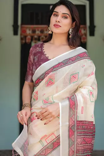 cream color Ready to wear saree with unstitched blouse