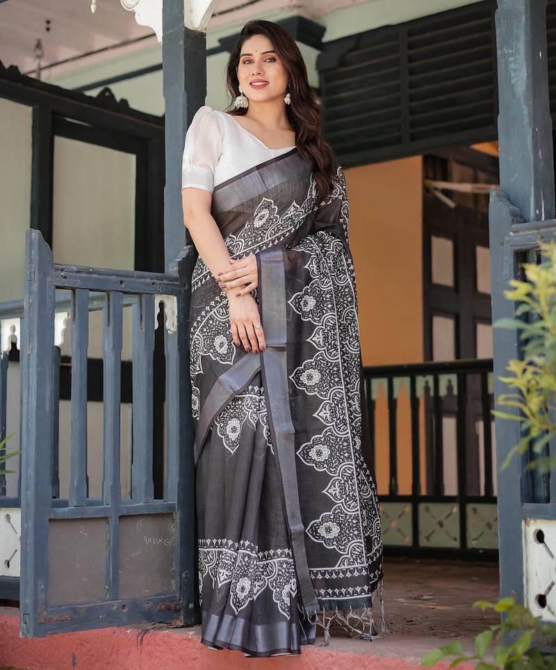 light black color Ready to wear saree with unstitched blouse