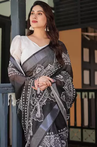 light black color Ready to wear saree with unstitched blouse