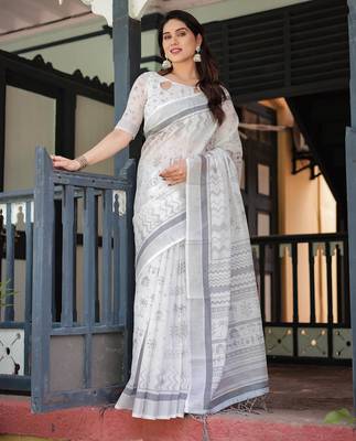 off white color Ready to wear saree with unstitched blouse 3