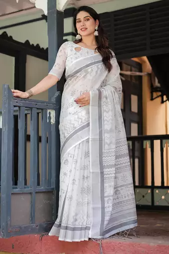 off white color Ready to wear saree with unstitched blouse